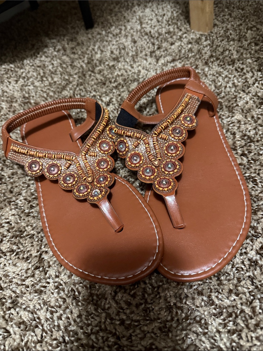 Womens Brown Jeweled T-Strap Sandals